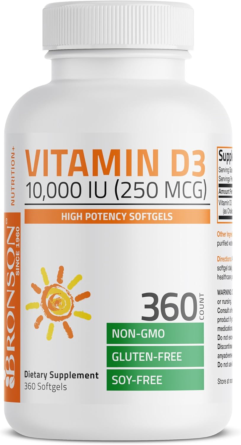 Bronson Vitamin D3 10,000 IU (250 µg) High Potency – Supports Healthy Immune System, Strong Bones, Muscles & Teeth – Non GMO, 360 Softgels - görsel 4
