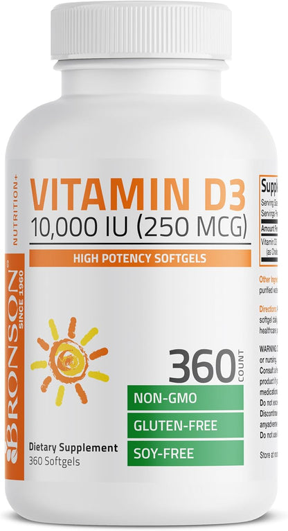 Bronson Vitamin D3 10,000 IU (250 µg) High Potency – Supports Healthy Immune System, Strong Bones, Muscles & Teeth – Non GMO, 360 Softgels