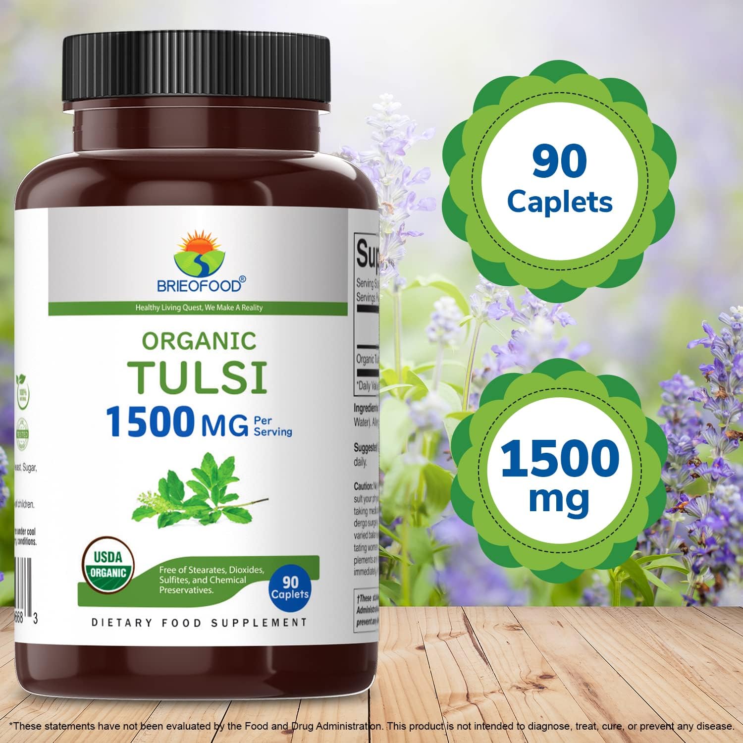 Brieofood Organic Tulsi (Holy Basil) 1500mg, 90 Vegetarian Tablets - görsel 6