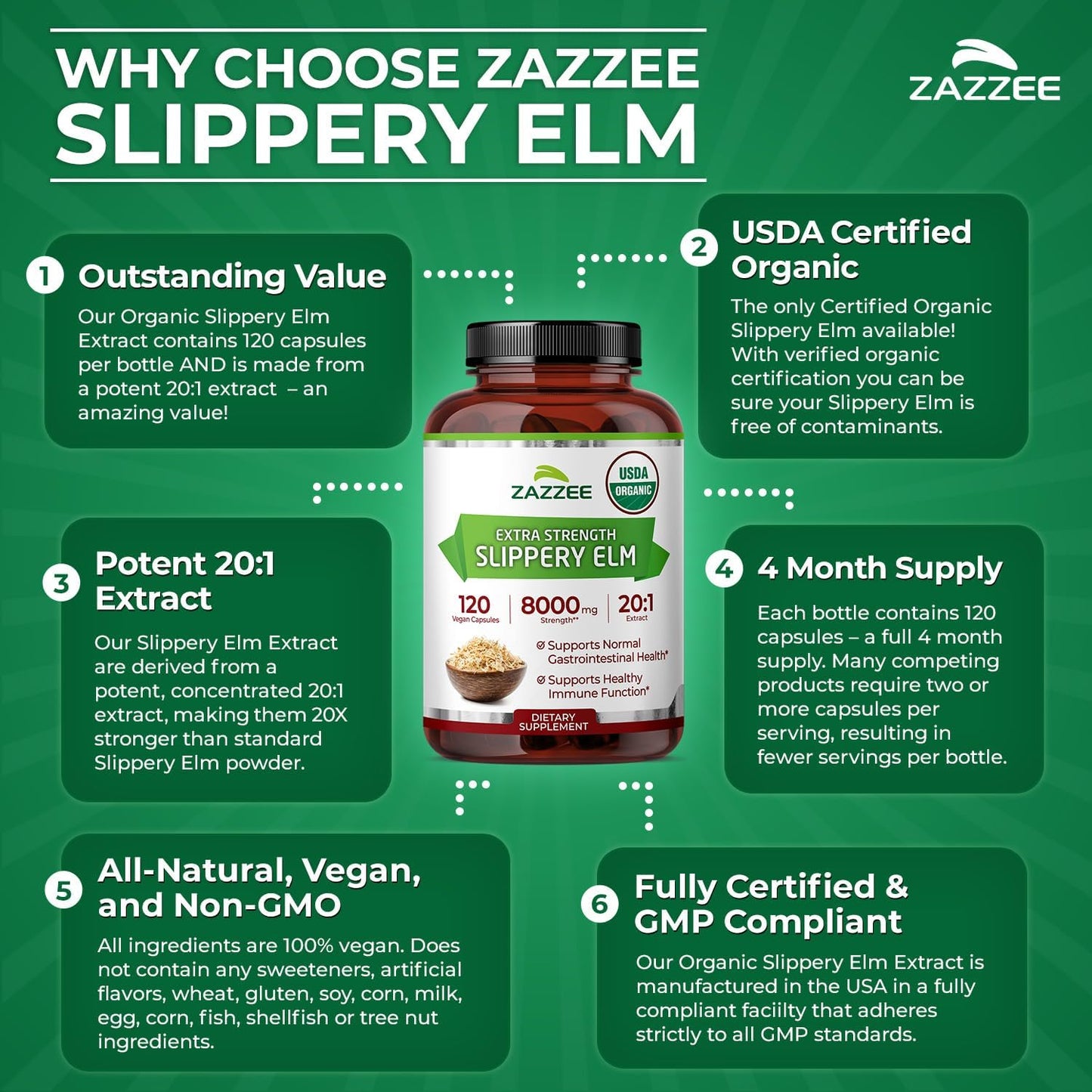 Zazzee USDA Organic Slippery Elm Bark 20:1 Extract, 120 Vegan Capsules - görsel 7