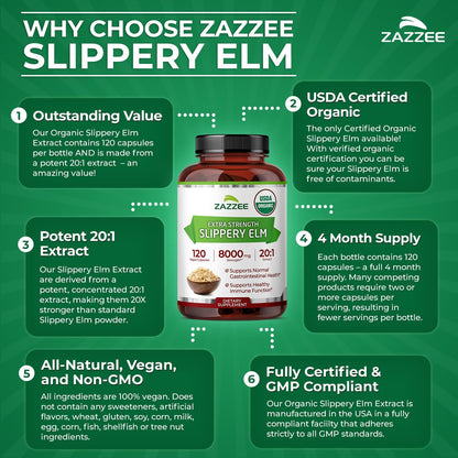 Zazzee USDA Organic Slippery Elm Bark 20:1 Extract, 120 Vegan Capsules