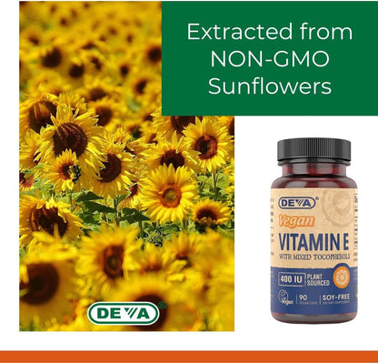 DEVA Vegan Natural Source Vitamin E 400IU with Mixed Tocopherols, Soya-Free – 90 Veg Caps (Pack of 2)