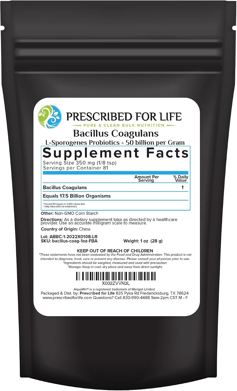 Prescribed For Life Bacillus Coagulans Powder - 50 Billion CFU/g, 28g (1oz) - Sporebiotic Probiotic for Digestive Health - görsel 1