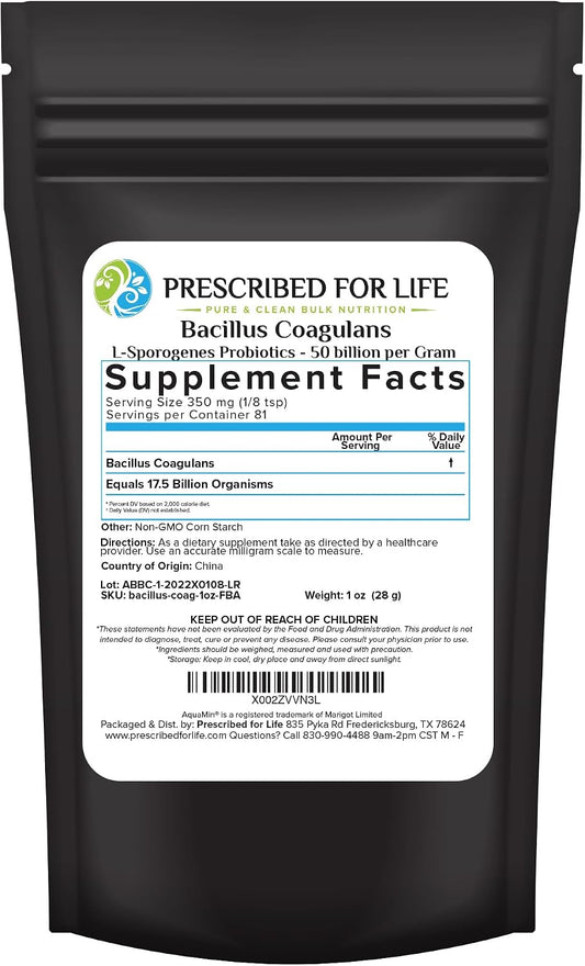 Prescribed For Life Bacillus Coagulans Powder - 50 Billion CFU/g, 28g (1oz) - Sporebiotic Probiotic for Digestive Health