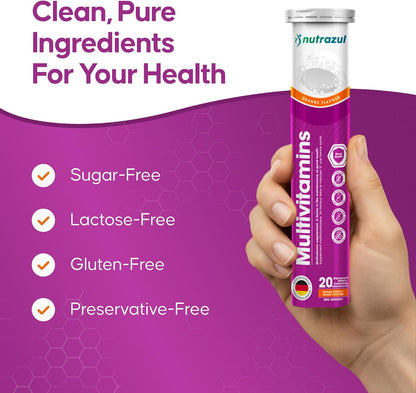 Nutrazul Multivitamin Effervescent Tablets, Supplement for Daily Wellness with 9 Essential Vitamins, Contains Vitamin C & B Complex, Orange Flavour, 60 Tablets