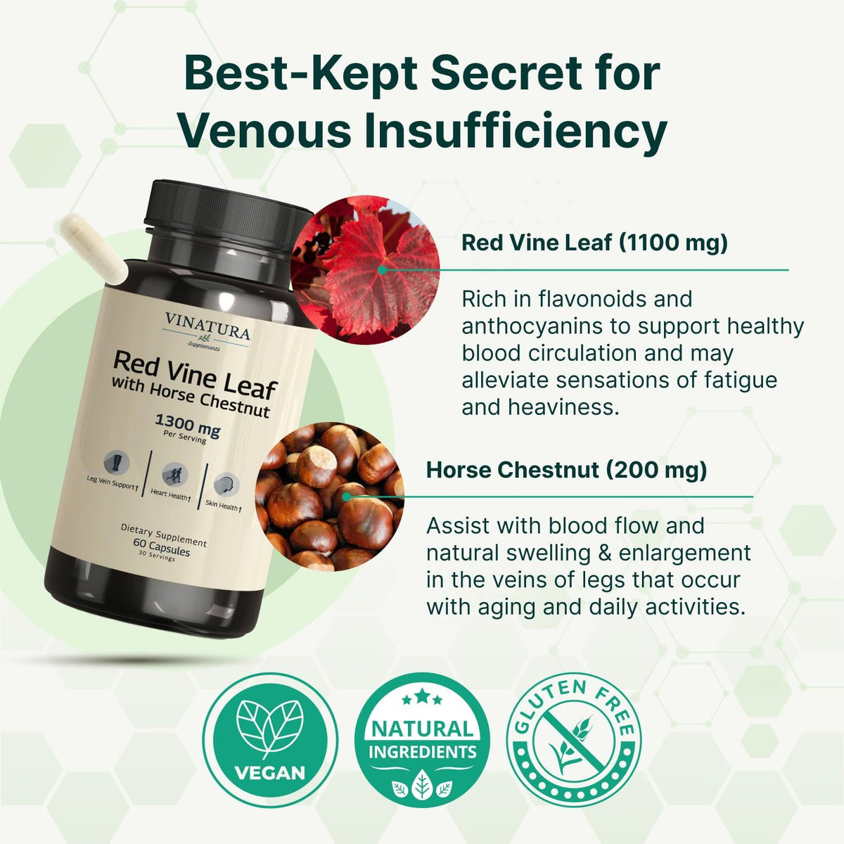 VINATURA Red Vine Leaf Extract with Horse Chestnut - 1300 mg per Serving for Vein and Circulation Support (60 Capsules) - görsel 4