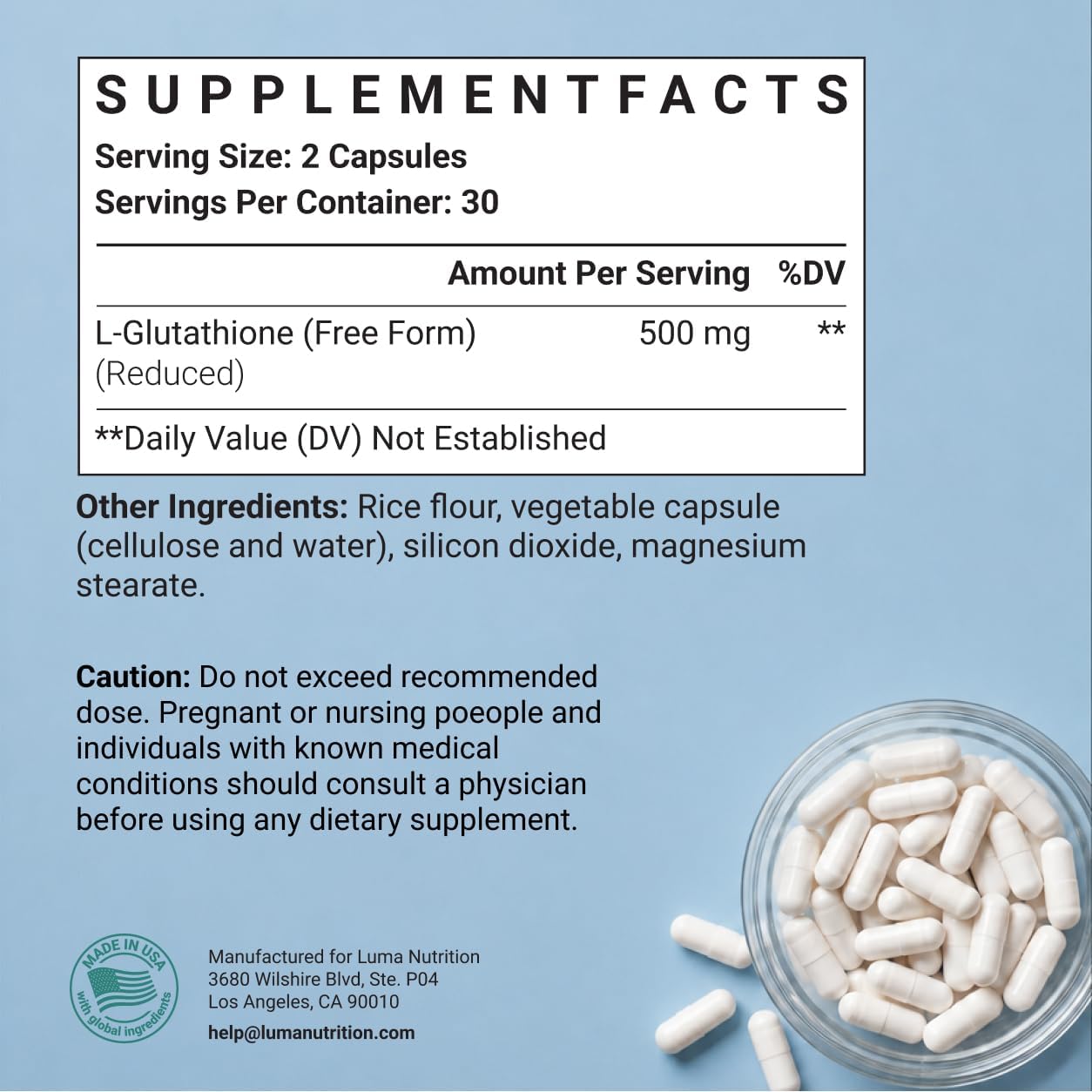 Luma Nutrition Premium Glutathione Supplement – 500mg – 60 Capsules - görsel 6