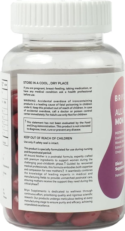 Briyo All Around Mom - Complete Postnatal Formula with Omega-3, Collagen, Choline, Shatavari, Moringa, Vitamins, Minerals – Supports Recovery, Energy, Lactation, Mood – 60 Soft gel capsules