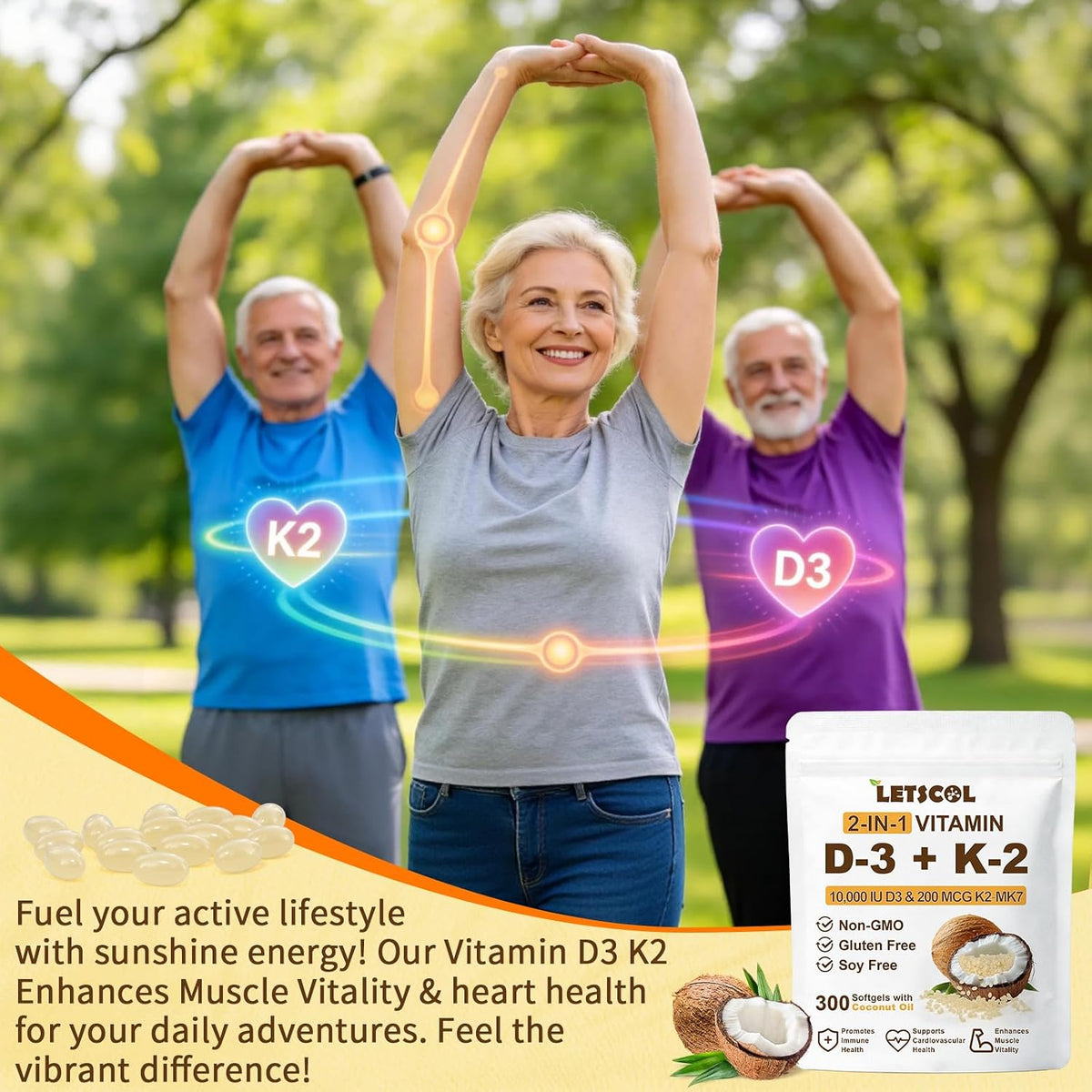 LETSCOL 2-in-1 Vitamin D3 K2 Supplement, 10000 IU D3 & 200 mcg K2 (MK-7) Soft gel capsules - görsel 7