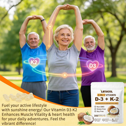 LETSCOL 2-in-1 Vitamin D3 K2 Supplement, 10000 IU D3 & 200 mcg K2 (MK-7) Soft gel capsules