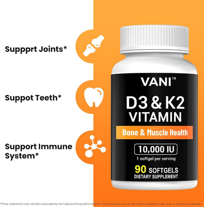 Vitamin D3 (10000 IU) + K2 (MK-7) – 90 Soft gel capsules for Bone, Muscle & Teeth Health