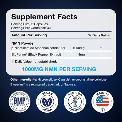 Black Forest NMN Supplement 1000mg (Nicotinamide Mononucleotide) 99% Pure, Stabilised Form, BioPerine® for Enhanced Bioavailability (60 Capsules)