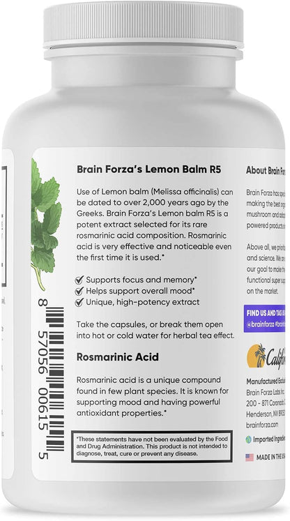 Brain Forza Lemon Balm R5 Extract Capsules - Standardised 5% Rosmarinic Acid, 90 Capsules