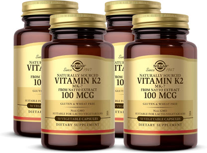 Solgar Naturally Sourced Vitamin K2 (MK-7) 100 mcg, 50 Vegetable Capsules (Pack of 4) - 200 Servings