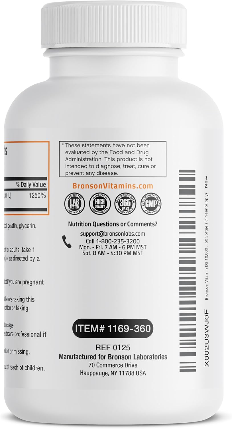 Bronson Vitamin D3 10,000 IU (250 µg) High Potency – Supports Healthy Immune System, Strong Bones, Muscles & Teeth – Non GMO, 360 Softgels - görsel 6