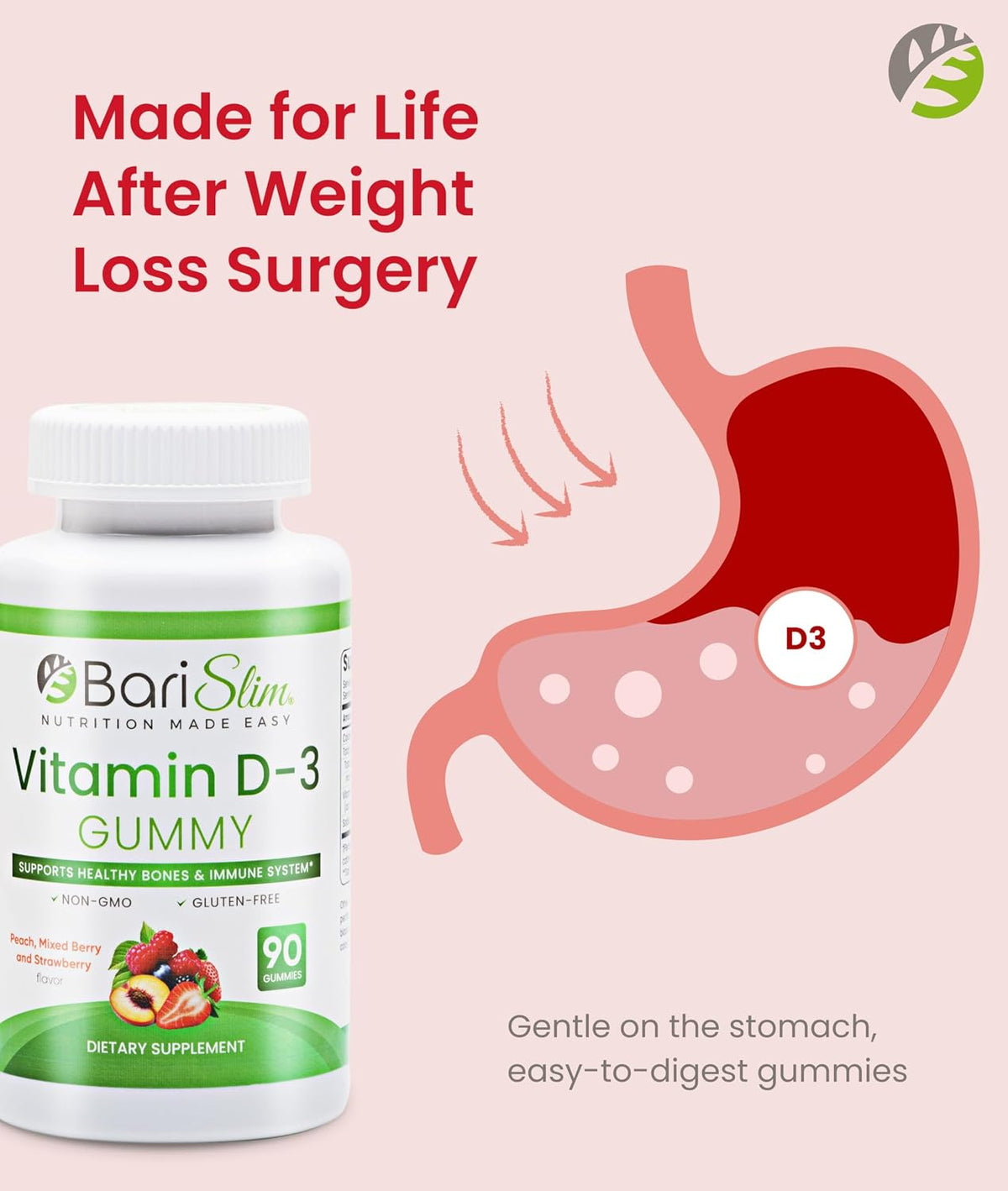 BariSlim Bariatric Vitamin D-3 Gummies - Specially Formulated Gummy Vitamin for Patients After Weight Loss Surgery - Easy to Digest and Great-Tasting Fruit Flavours | 90 Fruit Chews - görsel 3
