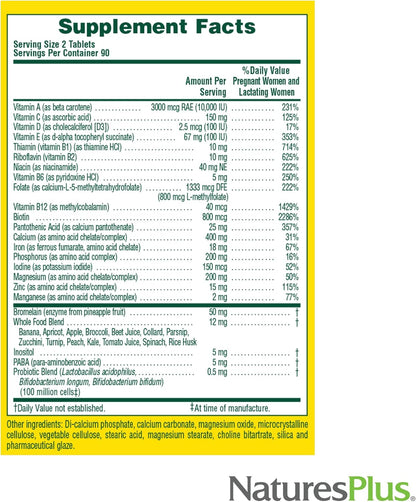 NaturesPlus Source of Life Prenatal - 180 Tablets - Multivitamin and Mineral Supplement with Iron - Nutritional Support for Pregnancy - Gluten Free, Vegetarian - 90 Servings