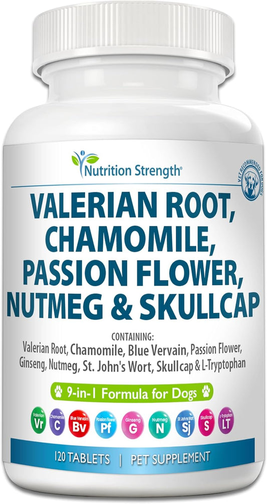 Nutrition Strength 9-in-1 Valerian Root for Dogs 200mg, Chamomile 160mg, Blue Vervain, Passion Flower, Ginseng, Nutmeg, St John's Wort, L-Tryptophan for Dog Stress Relief & Calming, 120 Tablets