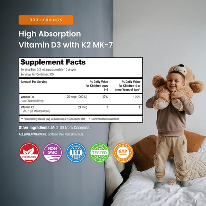 NutraChamps Children's Vitamin D3 & K2 Drops - 1000 IU D3 with K2 MK-7, Sugar-Free, 300 Servings