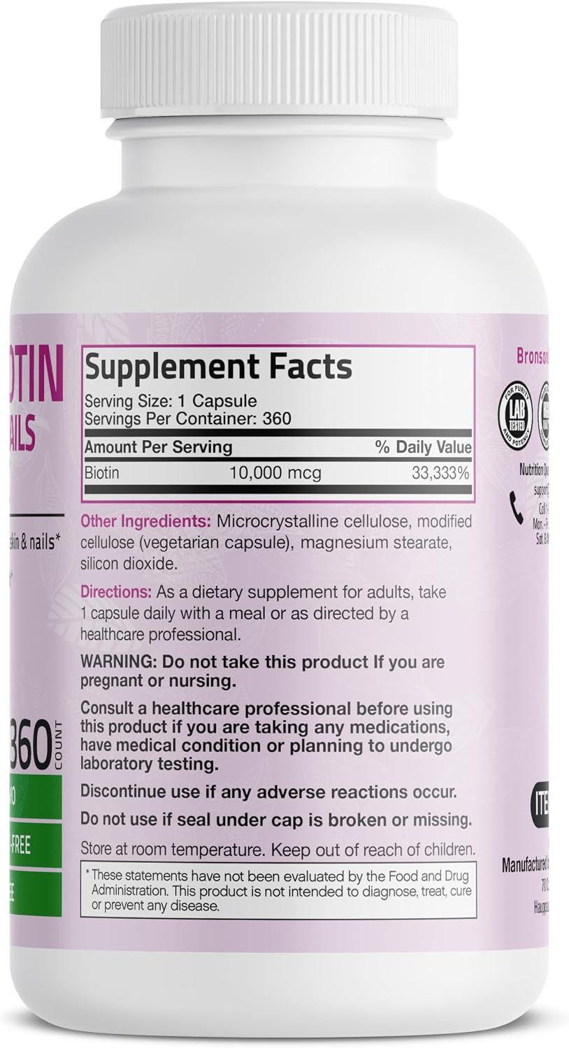 Bronson Ultra Biotin 10,000 mcg - Hair, Skin and Nails Food Supplement, 360 Vegetarian Capsules - görsel 2