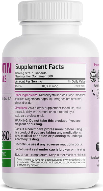 Bronson Ultra Biotin 10,000 mcg - Hair, Skin and Nails Food Supplement, 360 Vegetarian Capsules