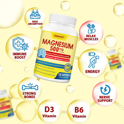 ZEBORA 10-in-1 Magnesium Complex Food Supplement - 500mg Magnesium Glycinate, Citrate & Malate with Vitamin D3 & Zinc - 120 Capsules