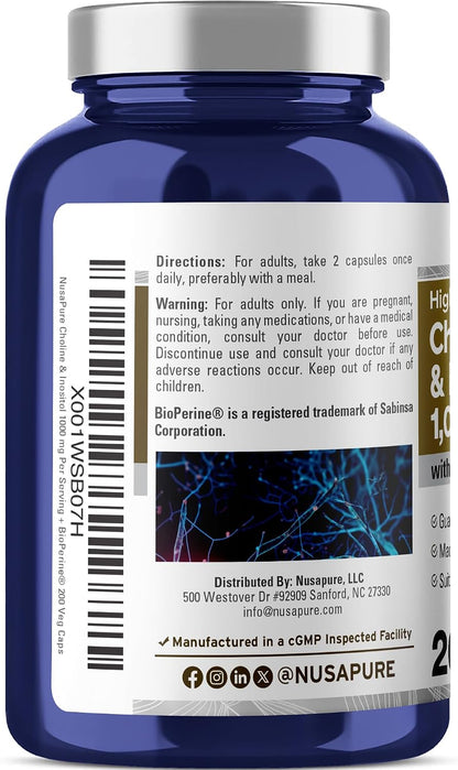 NusaPure Choline & Inositol - Suitable for Vegetarians and Vegans, Non-GM - 1000mg - 200 Vegan Capsules