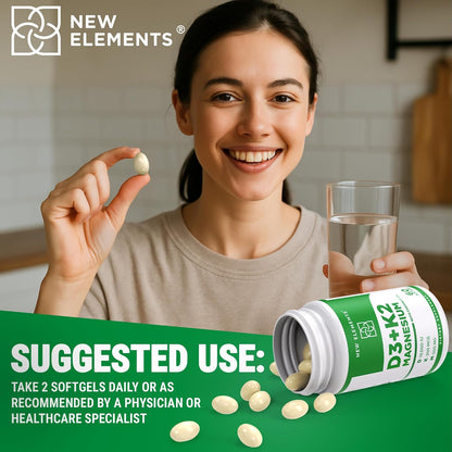 New Elements Vitamin D3 K2 10,000 IU with Magnesium Glycinate 500mg – Bone Health, Immune Support, Energy & Mood – Non-GM, Gluten-free, Sugar-Free Soft gel capsules for Women & Men (60 Soft gel capsules)