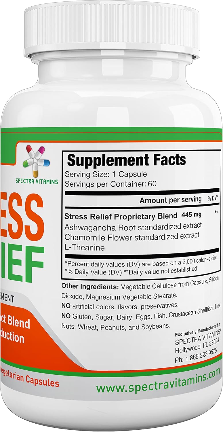 Spectra Vitamins Stress Relief for Adults - Natural Supplement with Ashwagandha, Chamomile & L-Theanine, Focus and Calm Support, 60 Capsules - görsel 3
