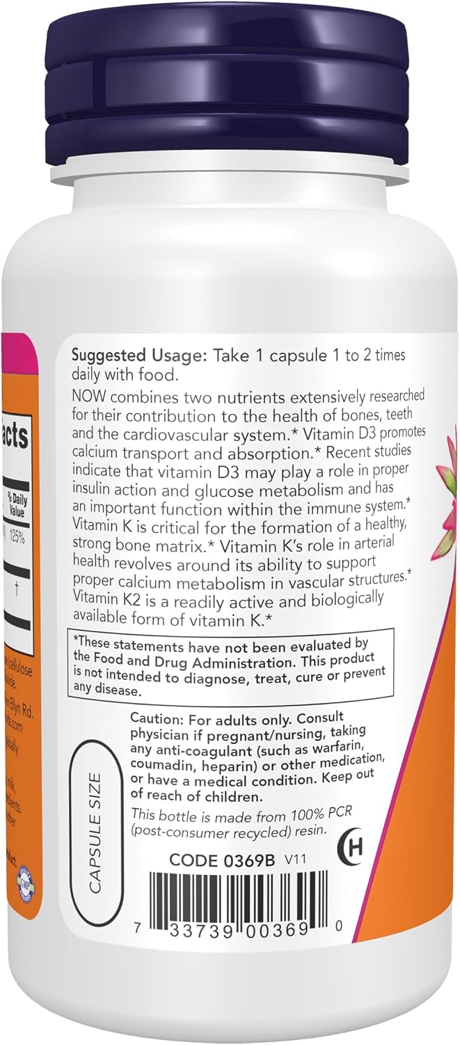 NOW Foods Vitamin D-3 & K-2 - 120 Veg Capsules - görsel 2