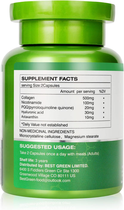 PQQ Supplement 20mg | Pyrroloquinoline Quinone for Mitochondrial Biogenesis, with Collagen, Nicotinamide, Astaxanthin, Hyaluronic Acid – Energy Optimiser and Sleep Support, Supports Hair and Skin Health