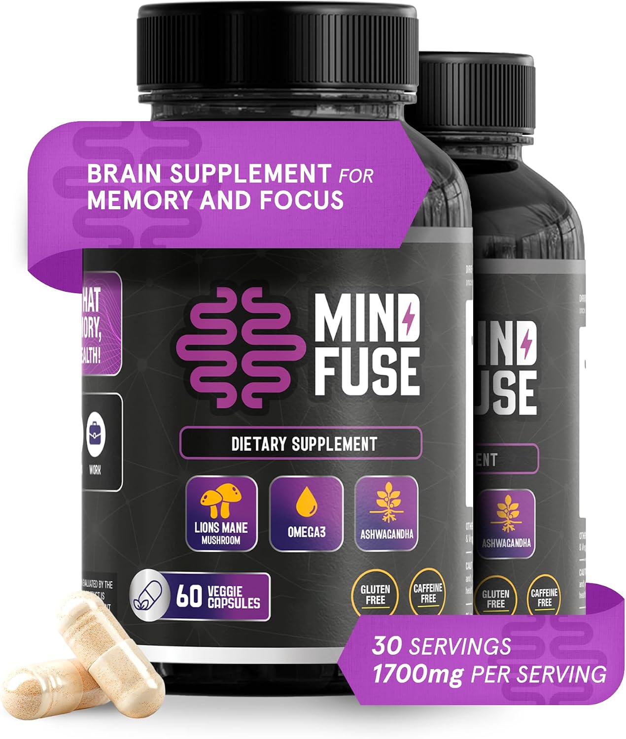 Nootropic Memory Booster Supplement for Adults - Lion's Mane Capsules with Omega-3, Ashwagandha and L-Theanine for Focus and Memory - Gluten-Free 60 Capsules - görsel 6