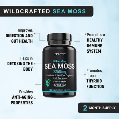 Certified Organic Sea Moss Capsules 2250mg – Wildcrafted Irish Sea Moss, Burdock Root & Bladderwrack Supplement (180 Capsules)