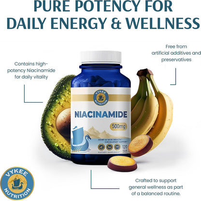 Vykee Nutrition Niacinamide Capsules - Vitamin B3 Supplement for Skin Health and Energy Metabolism - Vegan, Non-GMO, Gluten-free - 500 mg, 120 Count