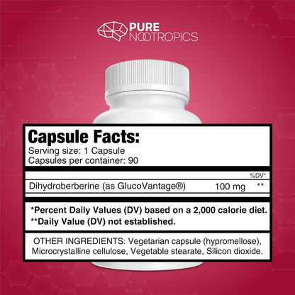 Pure Nootropics Dihydroberberine Food Supplement (GlucoVantage) 100 mg, 90 Capsules - Super Berberine