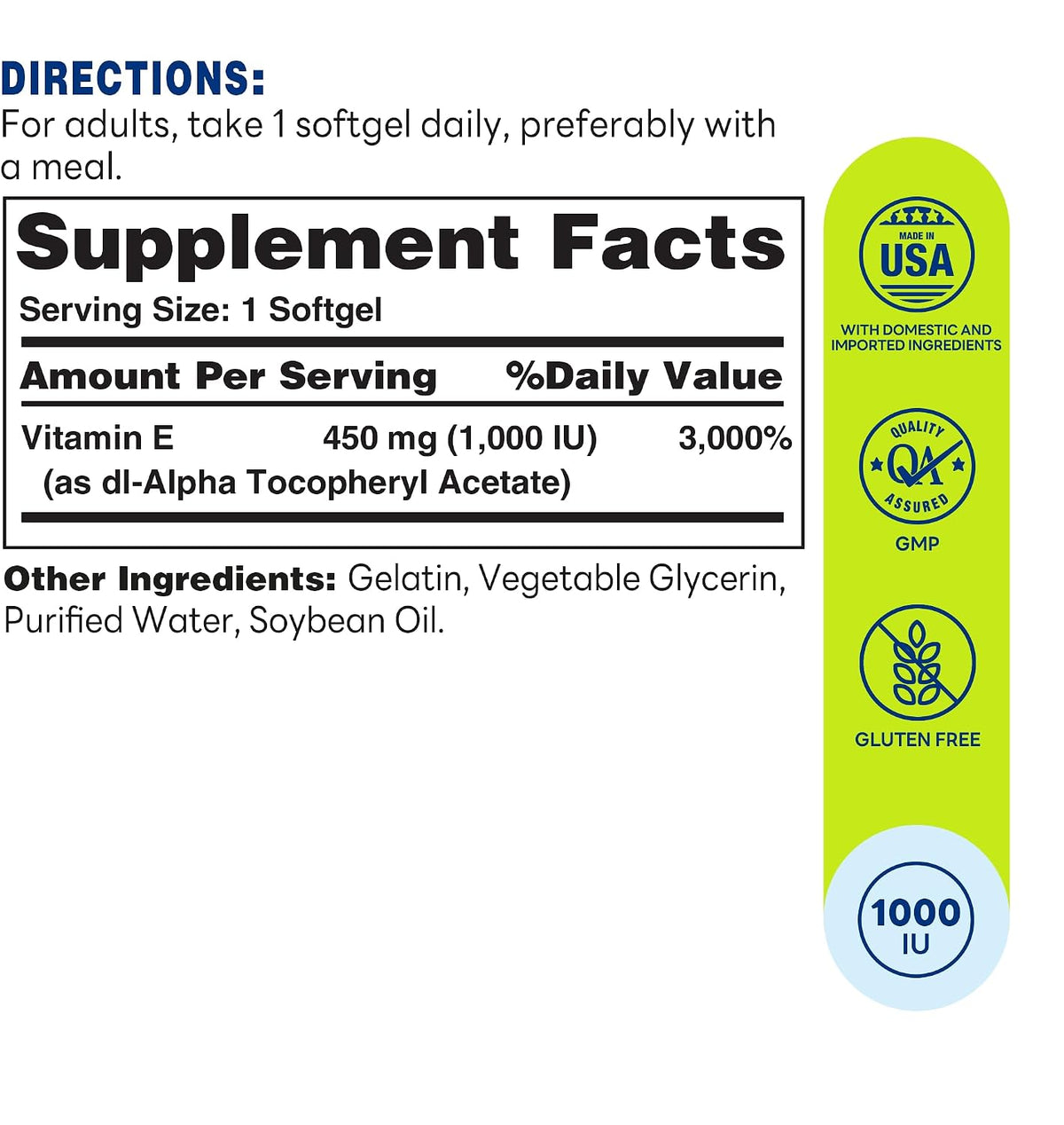 Vitamin World Vitamin E 1000 IU Softgels, 450mg dl-Alpha, 1 Soft gel capsule Daily, Supports Antioxidant Protection and Heart, Immune & Skin Health, Gluten-Free, 100 Servings - görsel 2