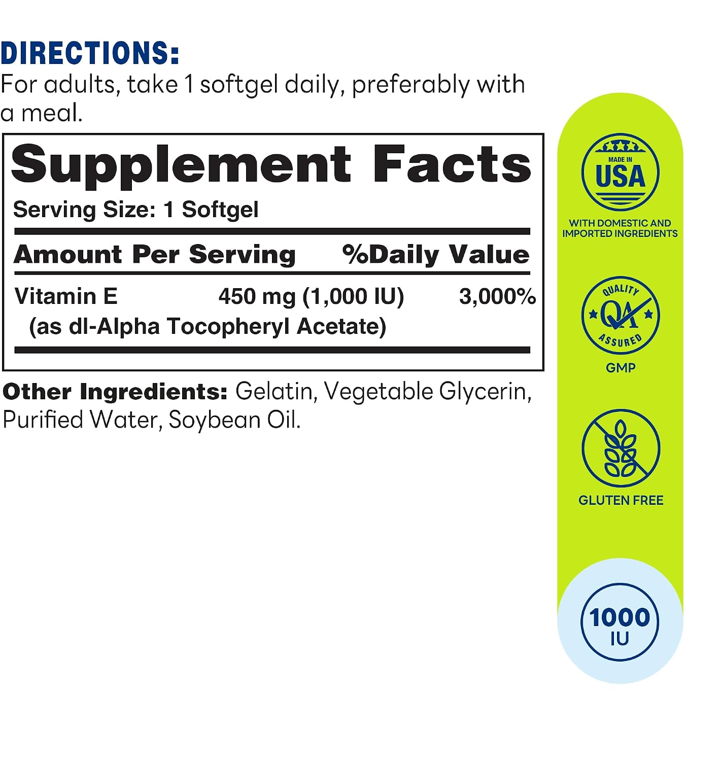 Vitamin World Vitamin E 1000 IU Softgels, 450mg dl-Alpha, 1 Soft gel capsule Daily, Supports Antioxidant Protection and Heart, Immune & Skin Health, Gluten-Free, 100 Servings - görsel 2