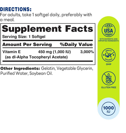 Vitamin World Vitamin E 1000 IU Softgels, 450mg dl-Alpha, 1 Soft gel capsule Daily, Supports Antioxidant Protection and Heart, Immune & Skin Health, Gluten-Free, 100 Servings