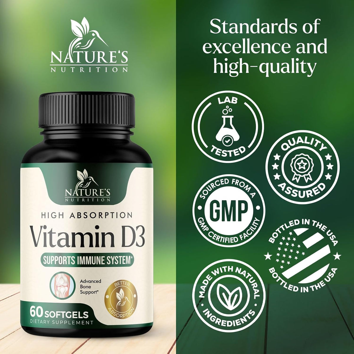 Nature's Nutrition Vitamin D3 5000 IU – High Strength Food Supplement, 60 Softgels - görsel 4
