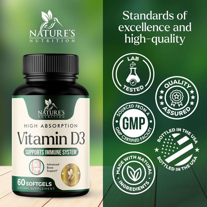 Nature's Nutrition Vitamin D3 5000 IU – High Strength Food Supplement, 60 Softgels