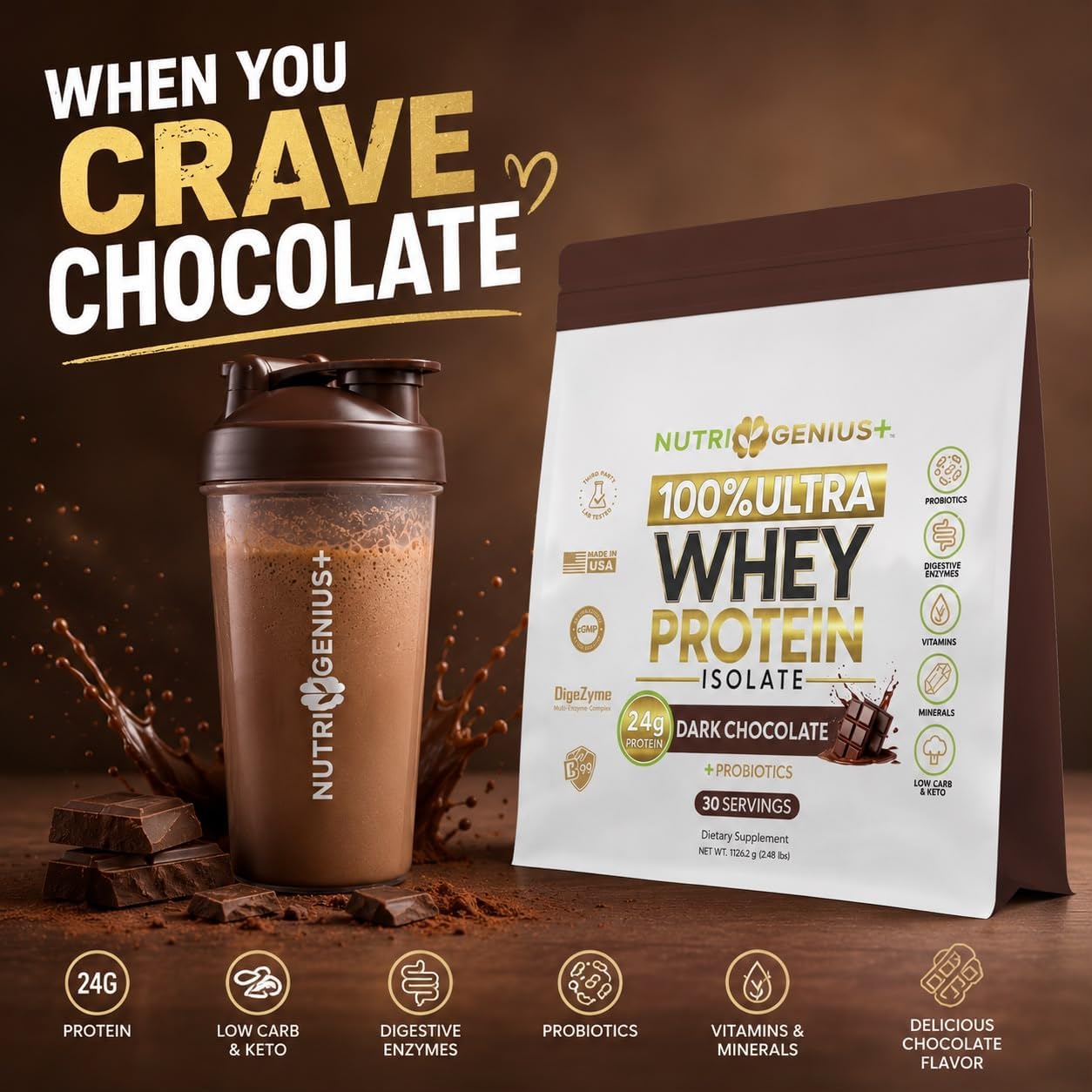 All-in-One Nutrition Whey Protein Isolate with Probiotics, Digestive Enzymes, Vitamins and Minerals, Chocolate, 30 Servings, Gluten-free, Keto Friendly, No Sugar - görsel 2