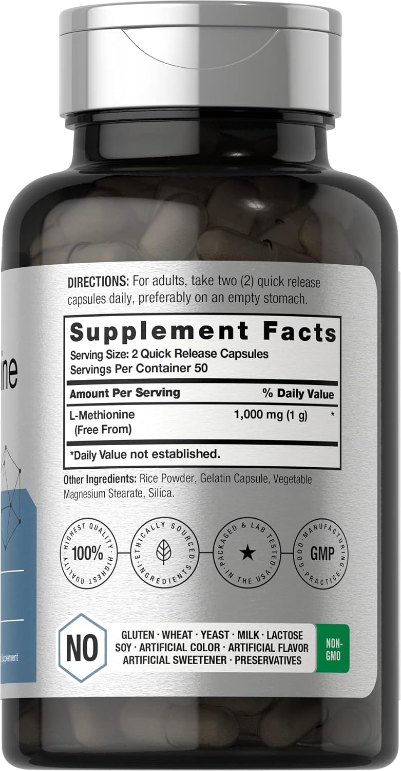 Horbäach L-Methionine 1000mg | 100 Capsules | Non-GM, Gluten-free Free Form Supplement - görsel 2