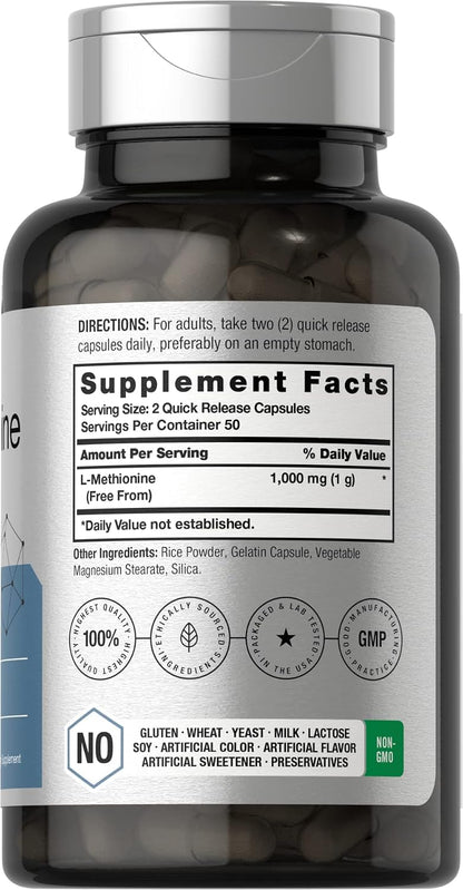 Horbäach L-Methionine 1000mg | 100 Capsules | Non-GM, Gluten-free Free Form Supplement
