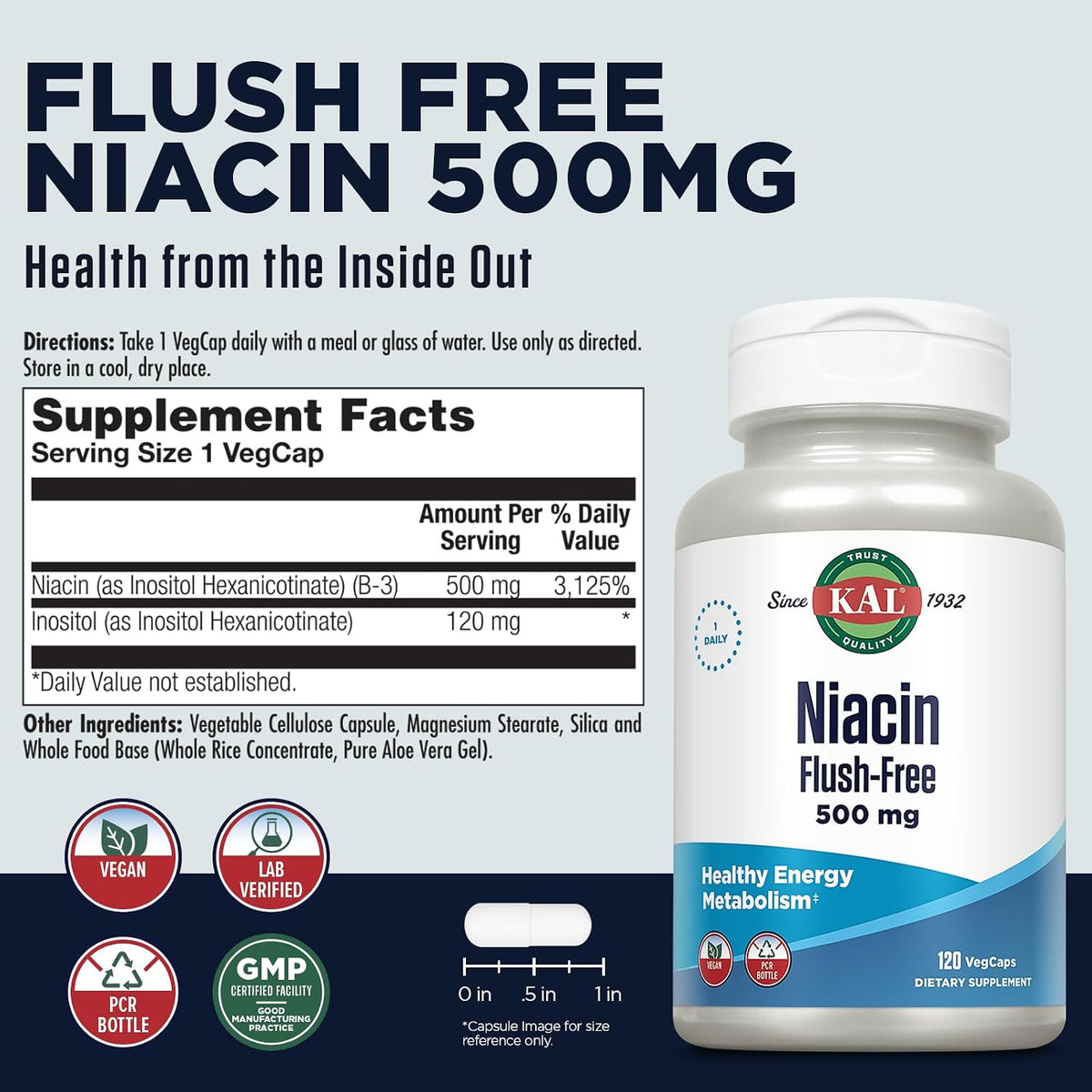 KAL Niacin Flush-Free 500 mg – 120 Capsules - görsel 2