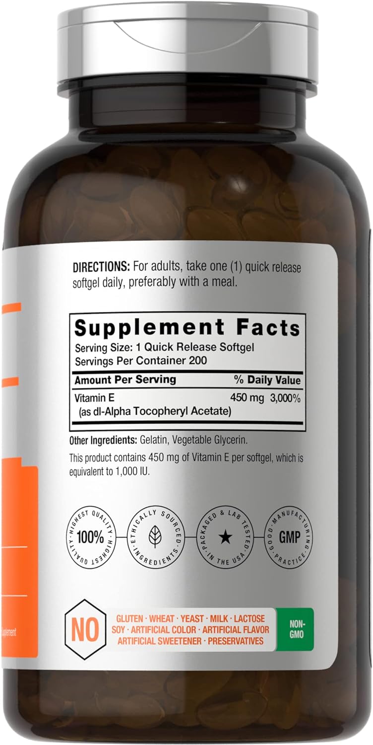 Horbäach Vitamin E 1000 IU Soft gel capsule Capsules | 200 Count | Non-GM, Gluten-free, Preservative Free | Vitamin E Oil - görsel 2