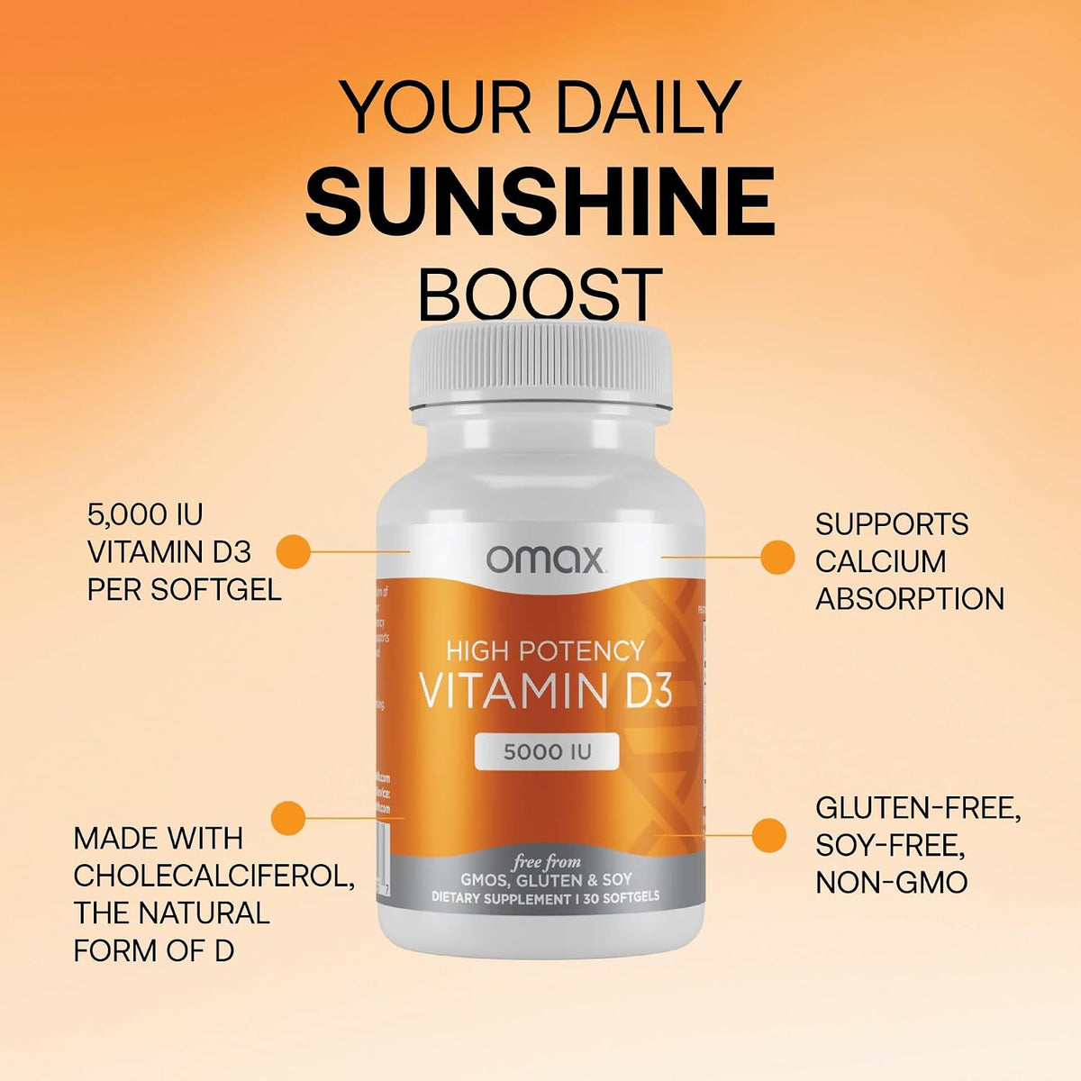 Omax3 High-Potency Vitamin D3 5,000 IU (125 µg) – Strong Bones, Muscles & Joints, Heart Health, Immunity, Non-GMO, Gluten-free, Soya Free – 30 Softgels - görsel 3