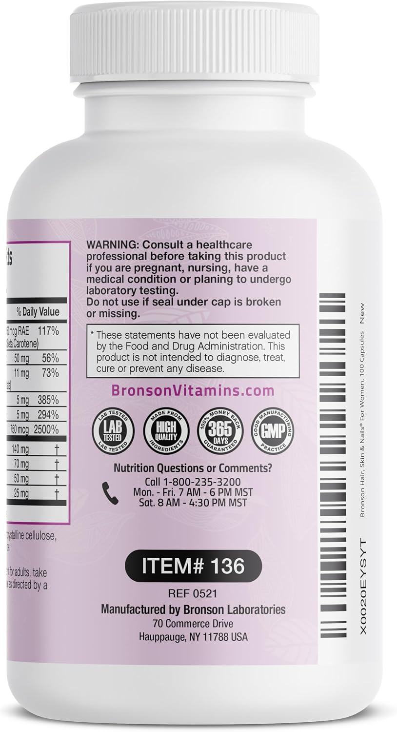 Bronson Hair, Skin & Nails with Biotin Extra Strength - 100 Capsules - görsel 7