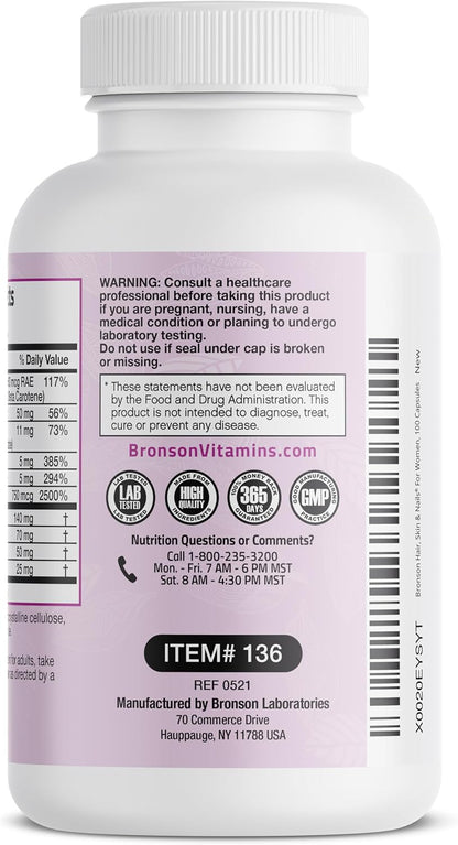 Bronson Hair, Skin & Nails with Biotin Extra Strength - 100 Capsules