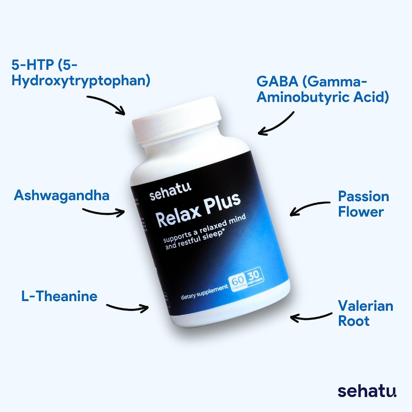 SEHATU Relax Plus Stress Relief Supplement | with GABA, L-Theanine, Ashwagandha, Valerian Root | Promotes Relaxation & Restful Sleep | 60 Capsules - görsel 6