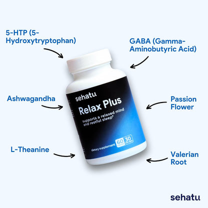 SEHATU Relax Plus Stress Relief Supplement | with GABA, L-Theanine, Ashwagandha, Valerian Root | Promotes Relaxation & Restful Sleep | 60 Capsules